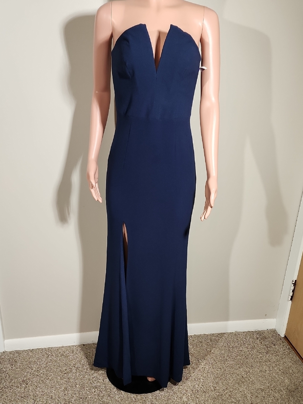 Dress the Population Strapless Navy Formal Gown with Front Slit